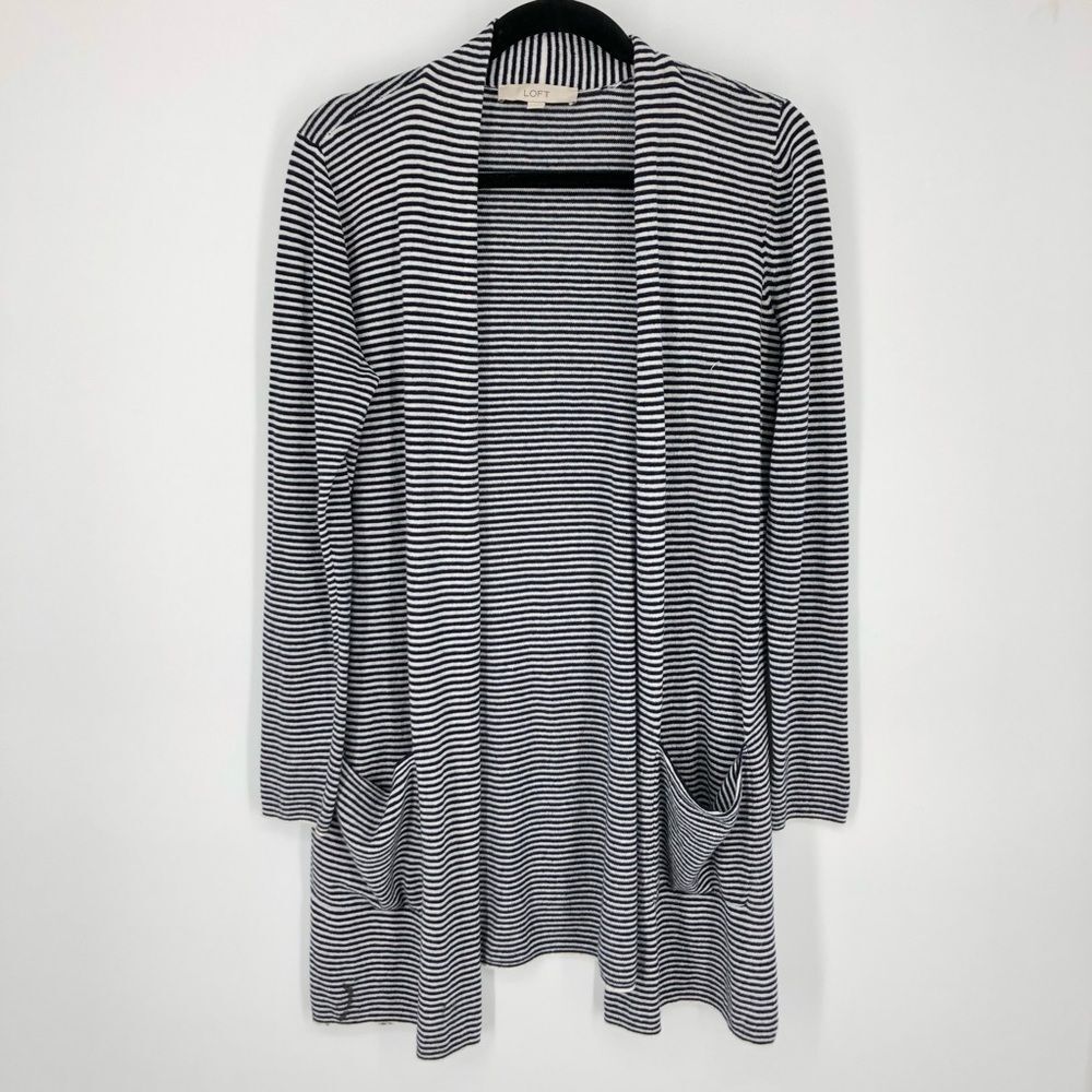 Loft Cardigan Womens Medium Navy Striped Longline Open Front Pockets